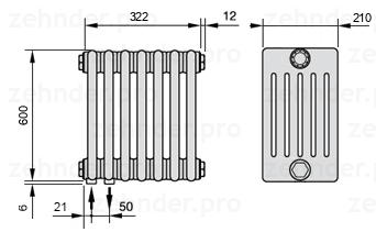 Схема (чертеж) Радиатор Zehnder Charleston 6060/7 №3370 Белый глянцевый RAL 9016